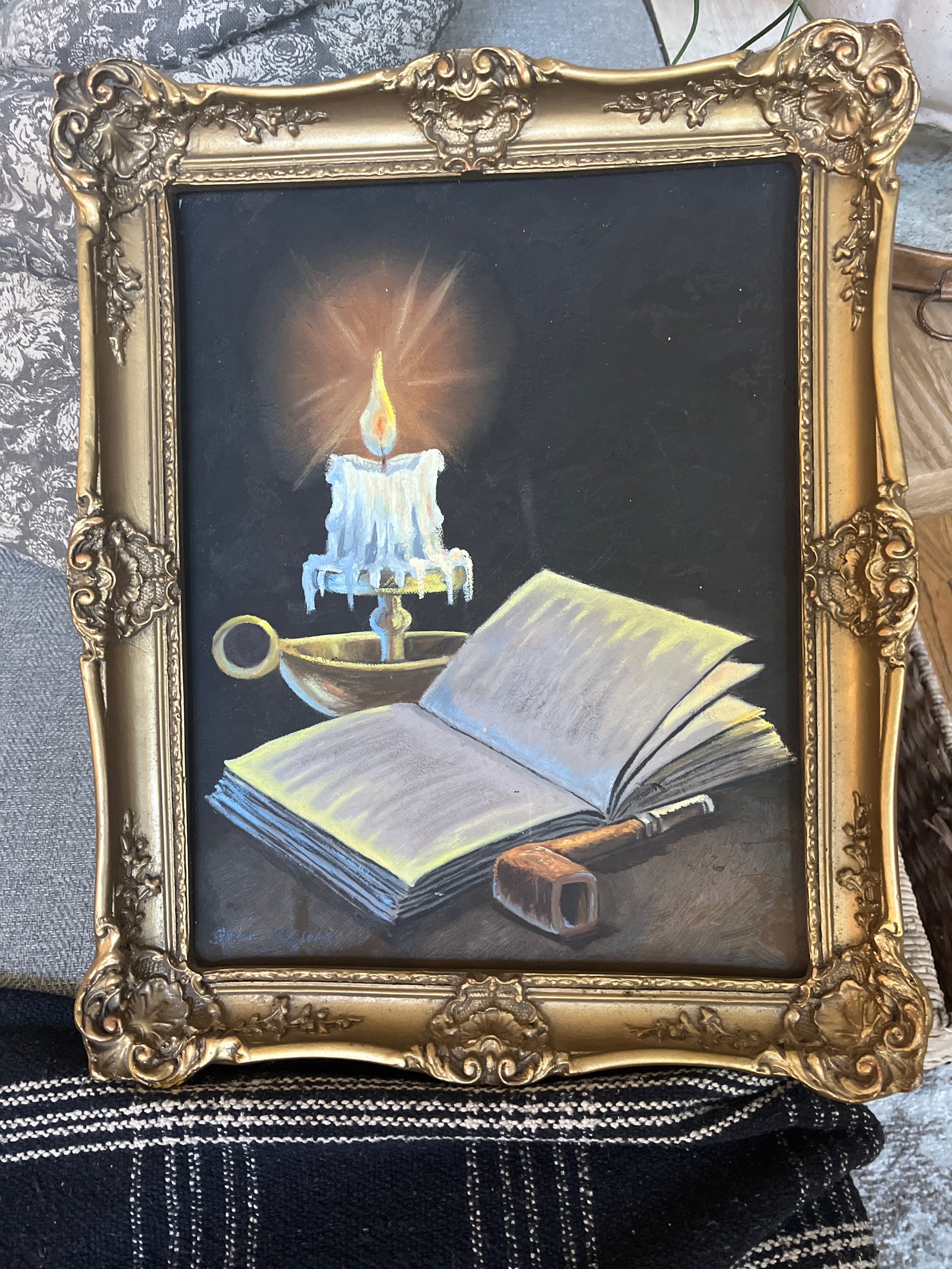 Candle Book Framed Oil Painting Antique